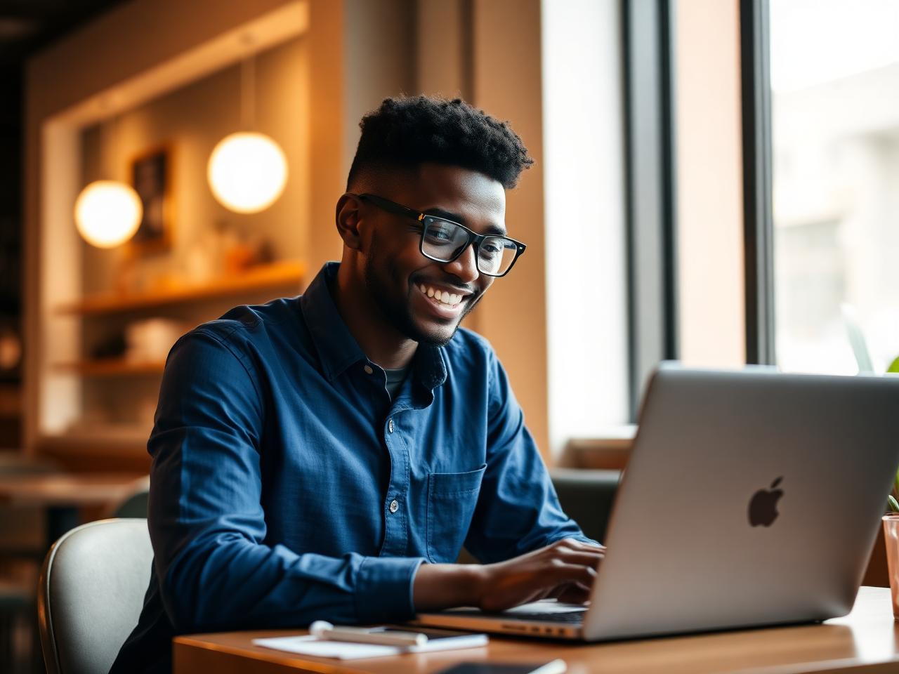 Founder of MaxyblaqEasyLife working on a laptop in a modern Coventry cafe